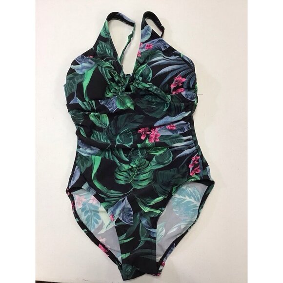 NEW~ Kona Sol sz S Tie Front 1 pc Swimsuit Black Tropical Floral 💚 - Picture 1 of 4